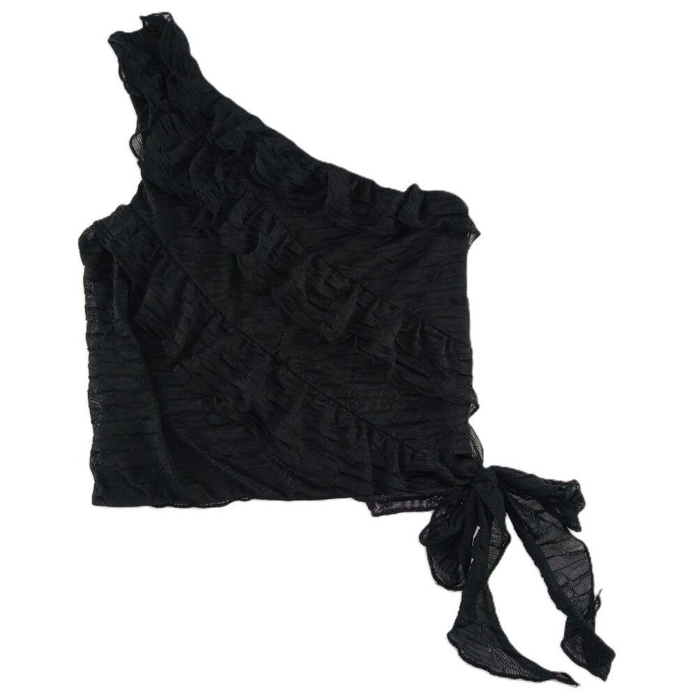 Crystal Sky Tiered One Shoulder Crop Top Women's Size Small Black Ruffles Sheer